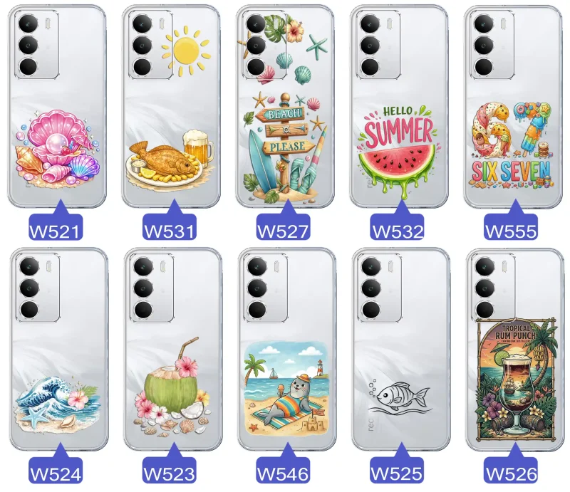 Różne wzory etui wakacyjnych do Realme C71 z grafikami muszelek, ryby, plaży, arbuza, lodów, foki, kokosa i tropikalnego drinka