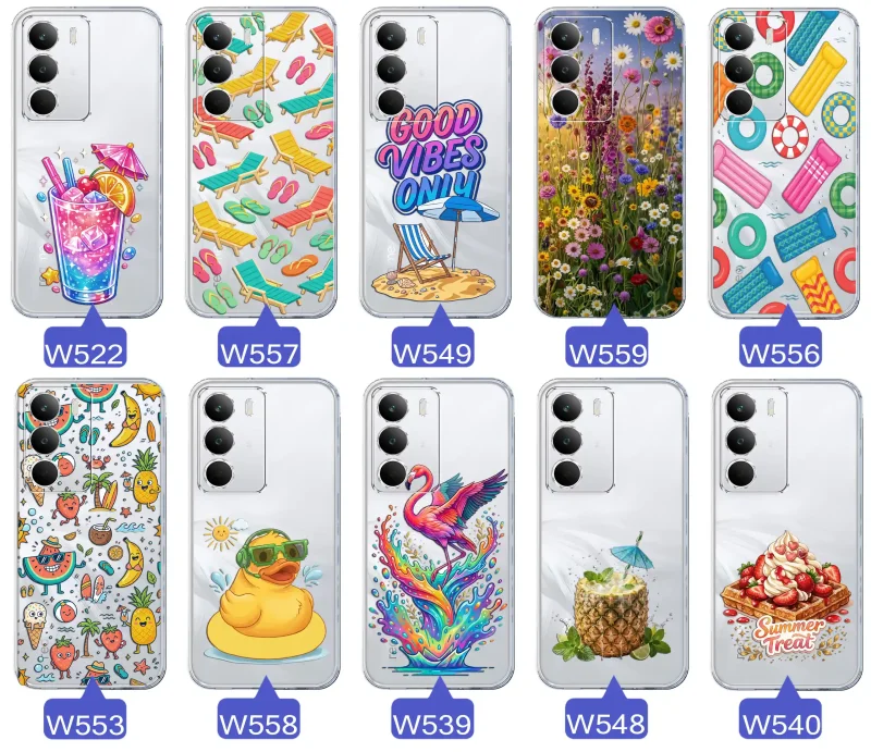 Zestaw przezroczystych etui do Realme C71 z wakacyjnymi motywami drinka, leżaków, napisu good vibes, kwiatów, flaminga, ananasa i deseru