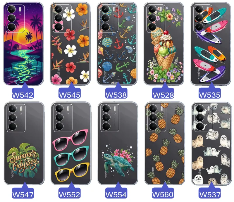 Kolekcja wakacyjnych wzorów etui do Realme C75: palmy, kwiaty, kotwice, lody, deski surfingowe, ananasy i foki