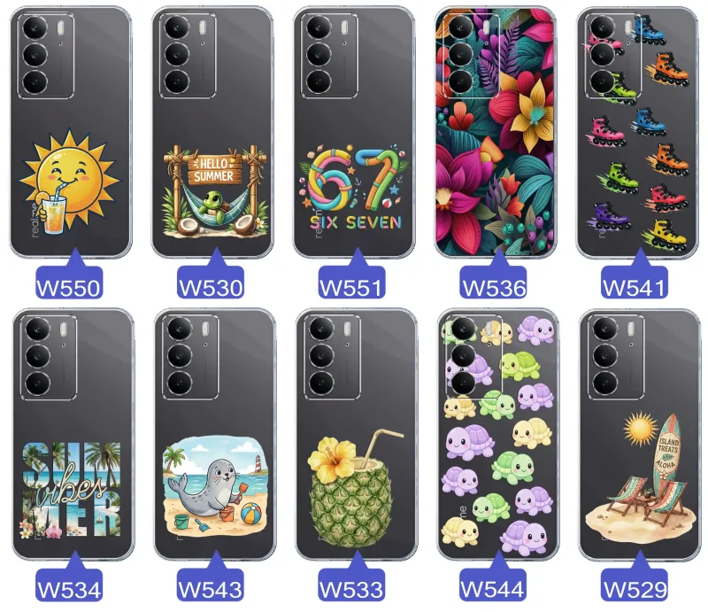 Kolekcja letnich wzorów etui do Realme C75 z motywami słońca, żółwia, six seven, tropikalnych kwiatów, rolek, plaży i kokosa