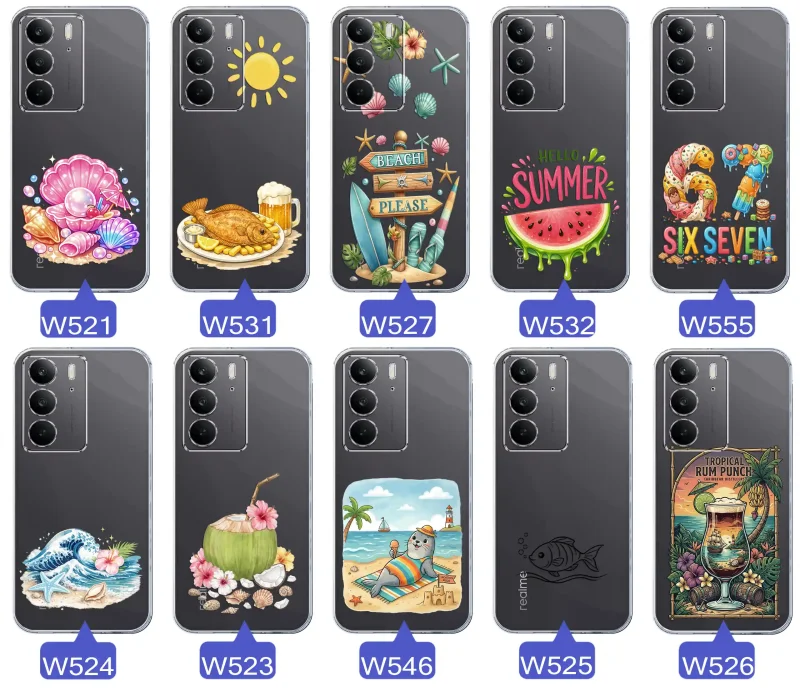 Różne wzory etui wakacyjnych do Realme C75 z grafikami muszelek, ryby, plaży, arbuza, lodów, foki, kokosa i tropikalnego drinka