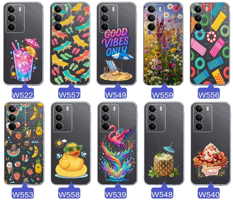 Zestaw przezroczystych etui do Realme C75 z wakacyjnymi motywami drinka, leżaków, napisu good vibes, kwiatów, flaminga, ananasa i deseru