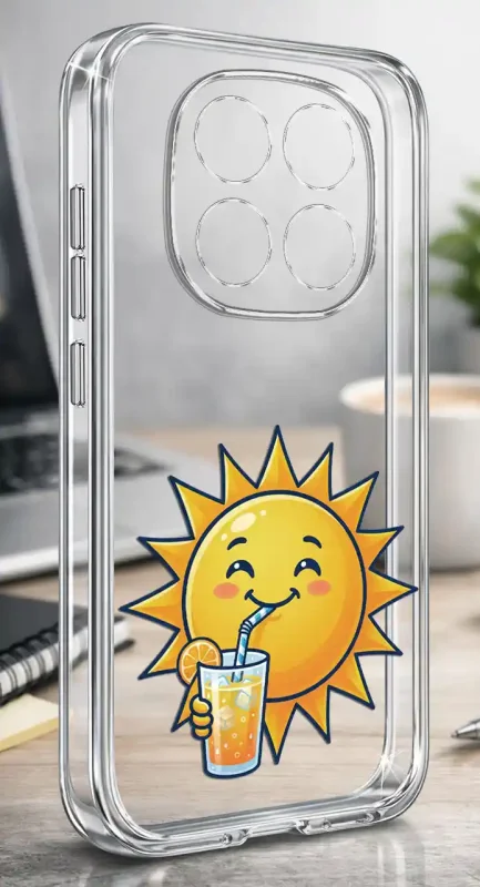 Etui na lato do Xiaomi Redmi Note 15 5G z żółtym słońcem pijącym lemoniadę na przezroczystej obudowie