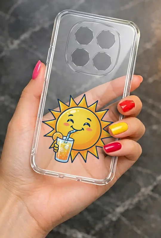 Przezroczyste etui letnie do Xiaomi Redmi Note 15 5G z nadrukiem słońca i napoju, prezentowane w dłoni