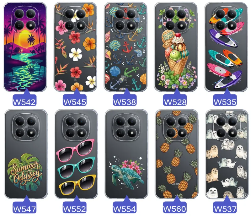 Kolekcja wakacyjnych wzorów etui do Xiaomi Redmi Note 15 5G: palmy, kwiaty, kotwice, lody, deski surfingowe, ananasy i foki