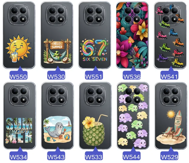 Kolekcja letnich wzorów etui do Xiaomi Redmi Note 15 5G z motywami słońca, żółwia, six seven, tropikalnych kwiatów, rolek, plaży i kokosa