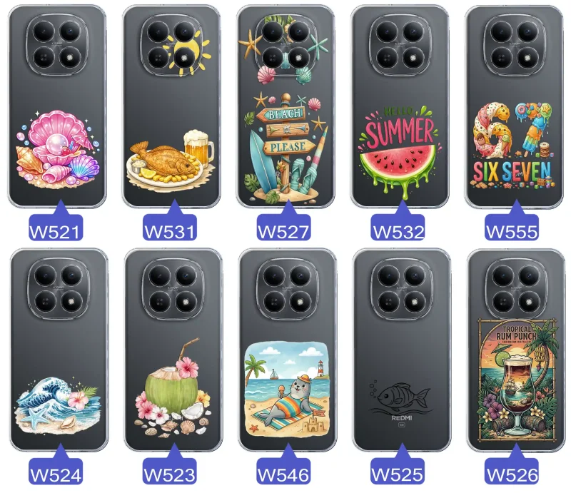 Różne wzory etui wakacyjnych do Xiaomi Redmi Note 15 5G z grafikami muszelek, ryby, plaży, arbuza, lodów, foki, kokosa i tropikalnego drinka