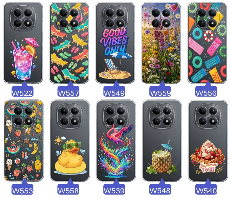 Zestaw przezroczystych etui do Xiaomi Redmi Note 15 5G z wakacyjnymi motywami drinka, leżaków, napisu good vibes, kwiatów, flaminga, ananasa i deseru