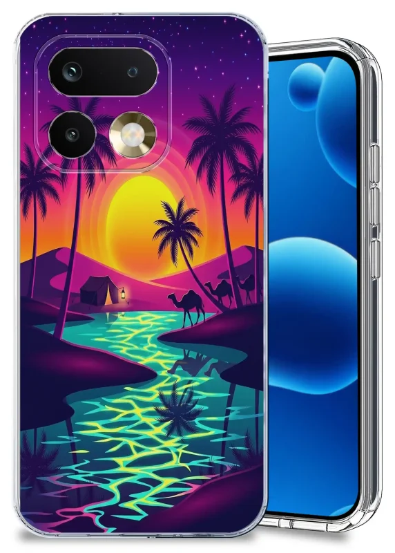Przezroczyste etui wakacyjne do Realme 16 Pro+ Plus 5G z nadrukiem zachodu słońca, palm i pustynnego krajobrazu