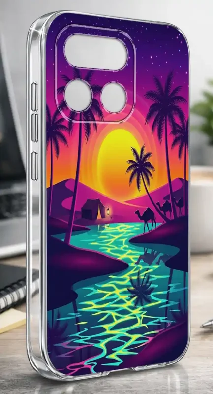 Etui na lato do Realme 16 Pro+ Plus 5G z kolorowym motywem palm, zachodu słońca, wody i wielbłądów