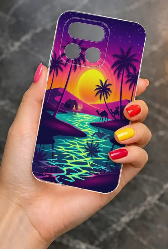 Przezroczyste etui letnie do Realme 16 Pro+ Plus 5G z nadrukiem zachodu słońca i palm, prezentowane w dłoni