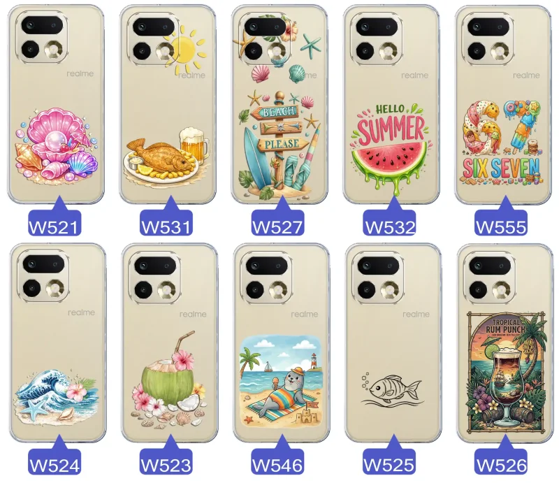 Różne wzory etui wakacyjnych do Realme 16 Pro+ Plus 5G z grafikami muszelek, ryby, plaży, arbuza, lodów, foki, kokosa i tropikalnego drinka