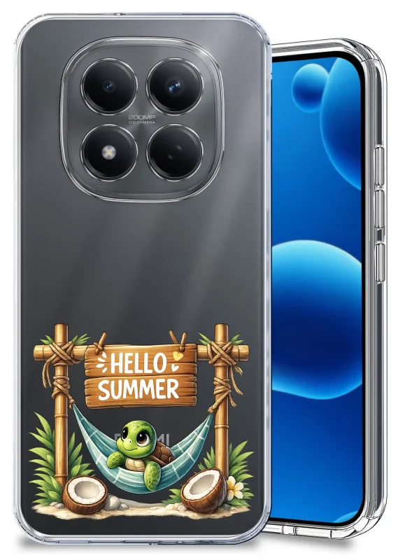 Przezroczyste etui wakacyjne do Xiaomi Redmi Note 15 Pro+ Plus 5G z nadrukiem żółwia w hamaku i napisem Hello Summer