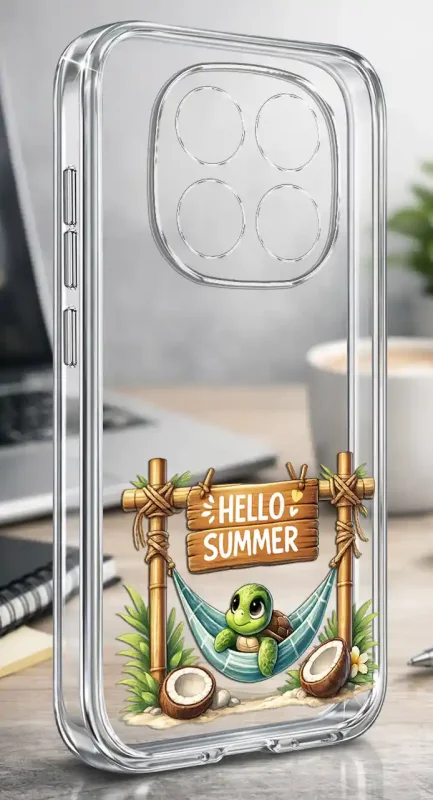 Etui na lato do Xiaomi Redmi Note 15 Pro+ Plus 5G z motywem żółwia, hamaka, kokosów i drewnianej tabliczki Hello Summer