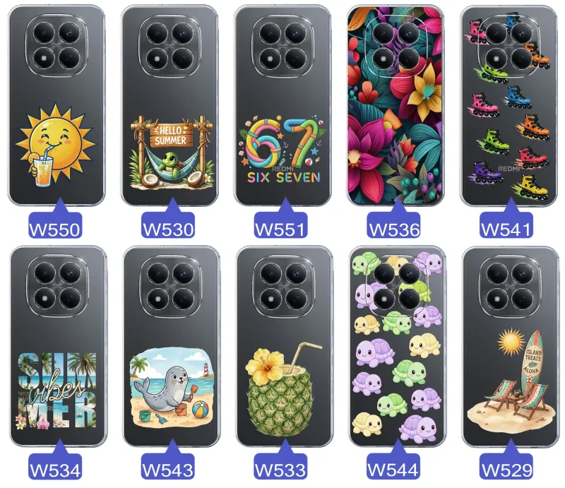 Kolekcja letnich wzorów etui do Xiaomi Redmi Note 15 Pro+ Plus 5G z motywami słońca, żółwia, six seven, tropikalnych kwiatów, rolek, plaży i kokosa