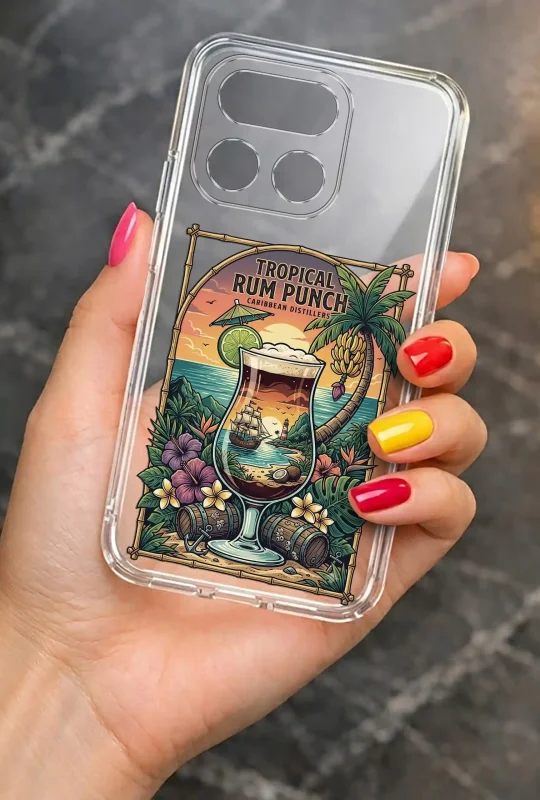 Przezroczyste etui letnie do Realme 16 Pro z nadrukiem Tropical Rum Punch i wakacyjną grafiką, prezentowane w dłoni