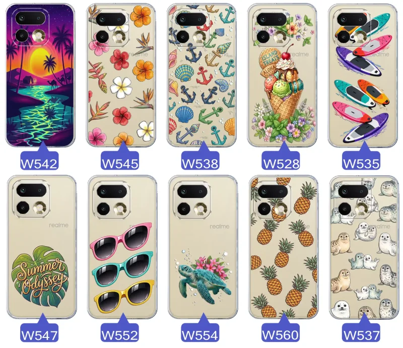 Kolekcja wakacyjnych wzorów etui do Realme 16 Pro: palmy, kwiaty, kotwice, lody, deski surfingowe, ananasy i foki