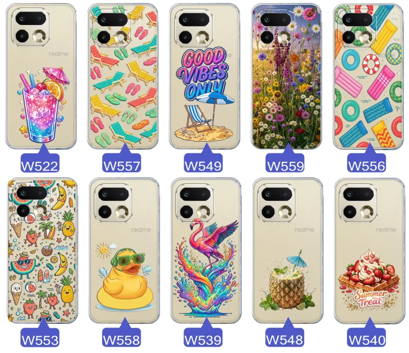 Zestaw przezroczystych etui do Realme 16 Pro z wakacyjnymi motywami drinka, leżaków, napisu good vibes, kwiatów, flaminga, ananasa i deseru