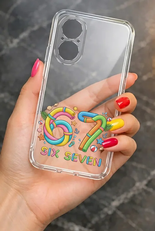 Przezroczyste etui letnie do Realme C67 4G z nadrukiem Six Seven i kolorowym motywem wakacyjnym, prezentowane w dłoni