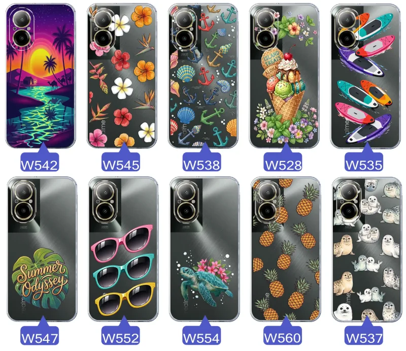 Kolekcja wakacyjnych wzorów etui do Realme C67 4G: palmy, kwiaty, kotwice, lody, deski surfingowe, ananasy i foki