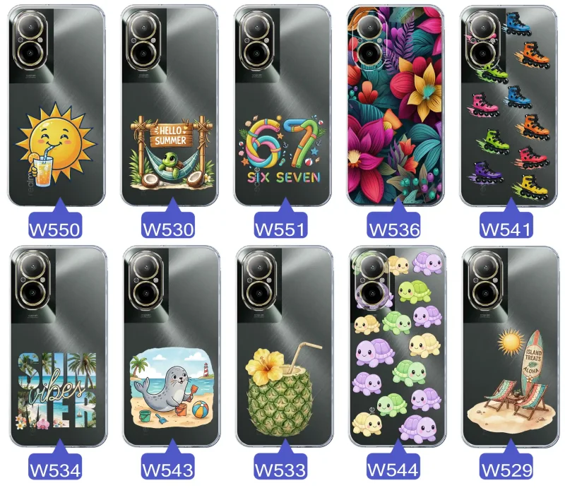 Kolekcja letnich wzorów etui do Realme C67 4G z motywami słońca, żółwia, six seven, tropikalnych kwiatów, rolek, plaży i kokosa