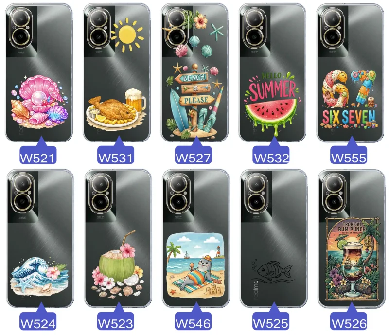 Różne wzory etui wakacyjnych do Realme C67 4G z grafikami muszelek, ryby, plaży, arbuza, lodów, foki, kokosa i tropikalnego drinka