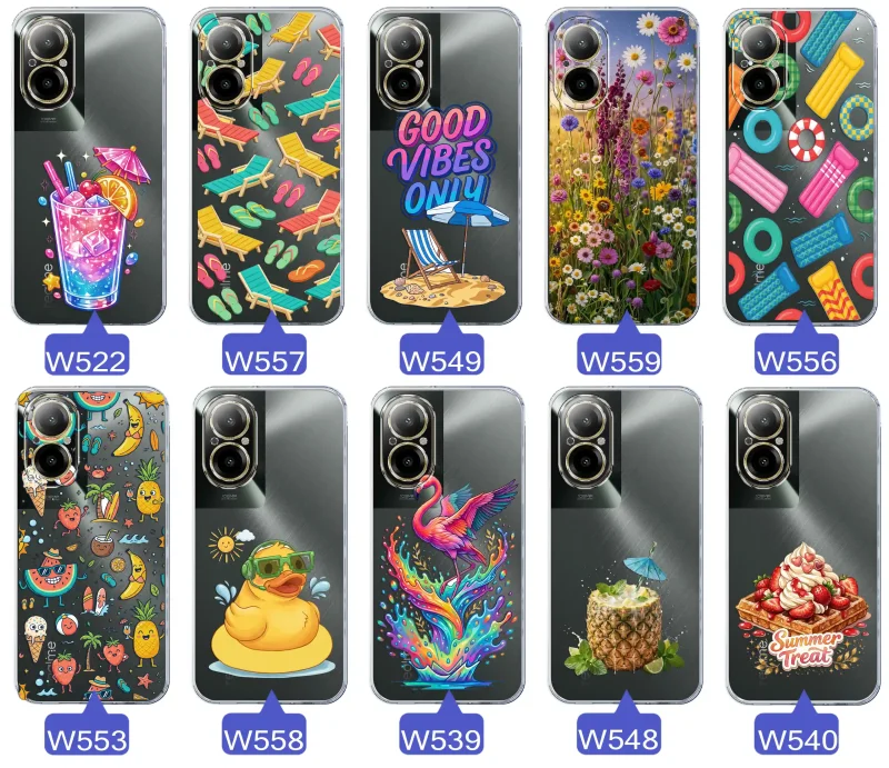 Zestaw przezroczystych etui do Realme C67 4G z wakacyjnymi motywami drinka, leżaków, napisu good vibes, kwiatów, flaminga, ananasa i deseru