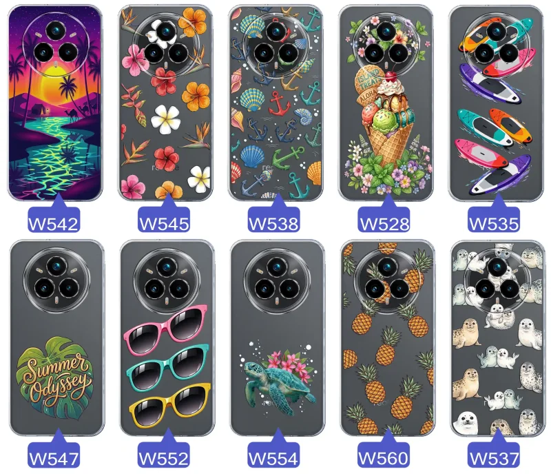 Kolekcja wakacyjnych wzorów etui do Realme 14 Pro+ Plus 5G: palmy, kwiaty, kotwice, lody, deski surfingowe, ananasy i foki