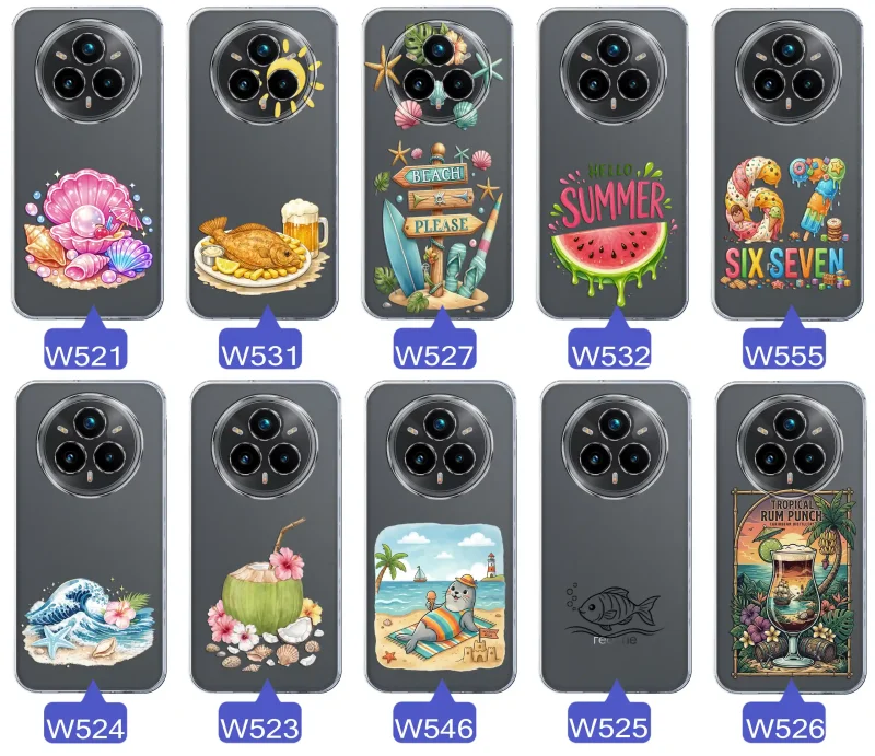 Różne wzory etui wakacyjnych do Realme 14 Pro+ Plus 5G z grafikami muszelek, ryby, plaży, arbuza, lodów, foki, kokosa i tropikalnego drinka