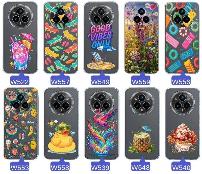 Zestaw przezroczystych etui do Realme 14 Pro+ Plus 5G z wakacyjnymi motywami drinka, leżaków, napisu good vibes, kwiatów, flaminga, ananasa i deseru