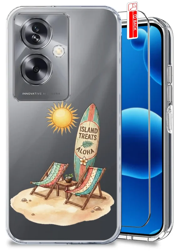 Przezroczyste etui wakacyjne do Oppo A79 5G z motywem plaży, leżaków, deski surfingowej i szkłem hartowanym w zestawie