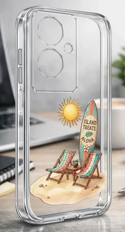 Etui na lato do Oppo A79 5G z nadrukiem wyspy, słońca, leżaków i deski surfingowej na przezroczystej obudowie