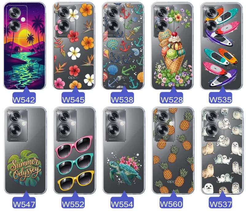 Kolekcja wakacyjnych wzorów etui do Oppo A79 5G: palmy, kwiaty, kotwice, lody, deski surfingowe, ananasy i foki