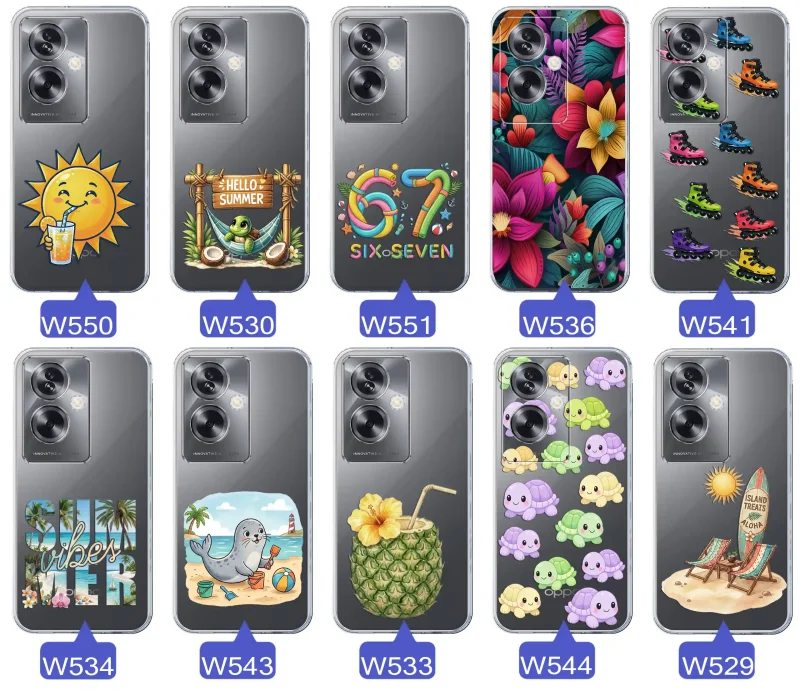 Kolekcja letnich wzorów etui do Oppo A79 5G z motywami słońca, żółwia, six seven, tropikalnych kwiatów, rolek, plaży i kokosa