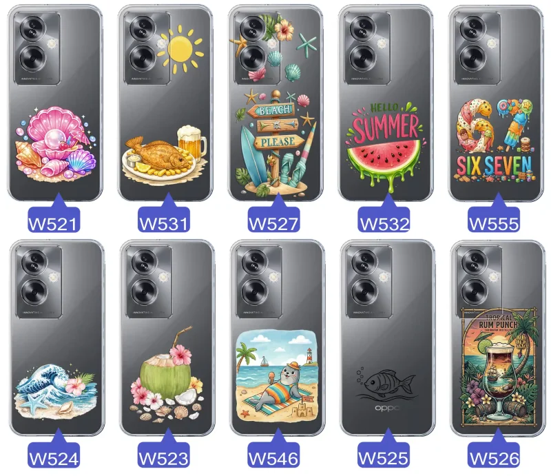Różne wzory etui wakacyjnych do Oppo A79 5G z grafikami muszelek, ryby, plaży, arbuza, lodów, foki, kokosa i tropikalnego drinka