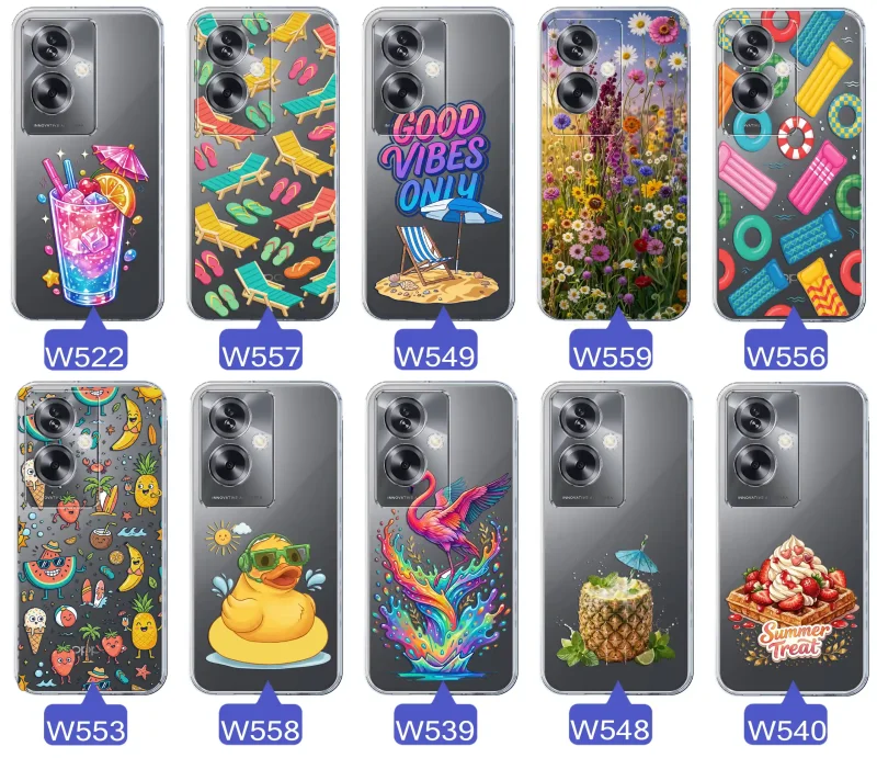 Zestaw przezroczystych etui do Oppo A79 5G z wakacyjnymi motywami drinka, leżaków, napisu good vibes, kwiatów, flaminga, ananasa i deseru