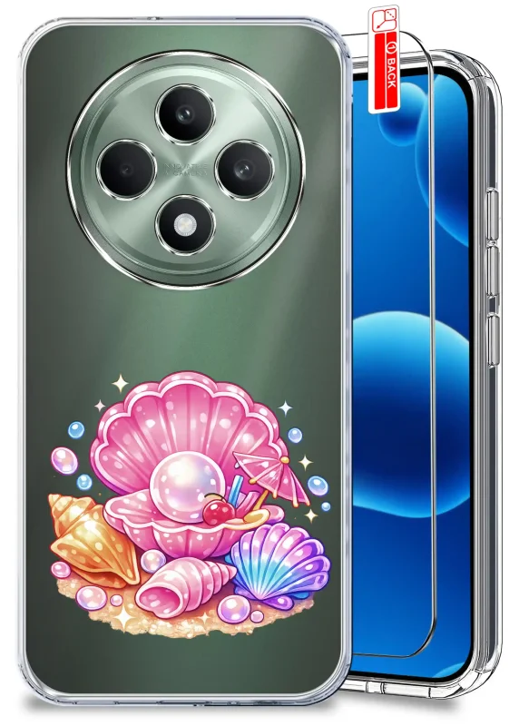 Przezroczyste etui wakacyjne do Oppo Reno 12 F 5G / 12 FS 5G z muszelkami, perłą i szkłem hartowanym w zestawie