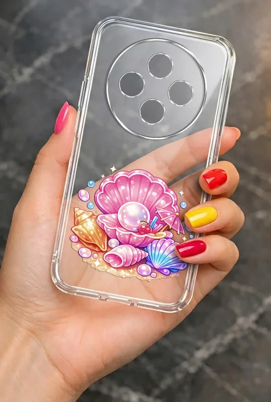 Przezroczyste etui letnie do Oppo Reno 12 F 5G / 12 FS 5G z nadrukiem muszelek i perły, prezentowane w dłoni