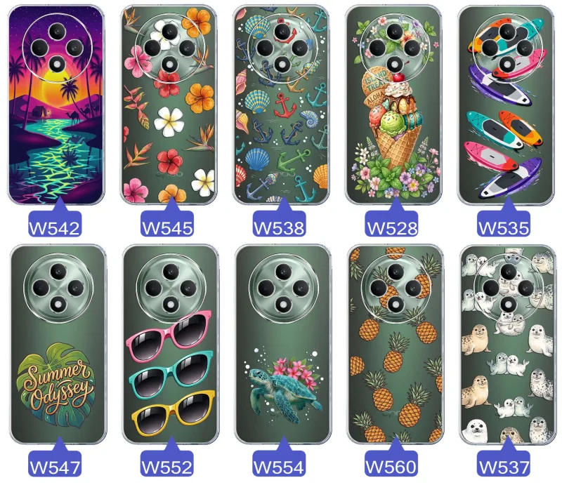 Kolekcja wakacyjnych wzorów etui do Oppo Reno 12 F 5G / 12 FS 5G: palmy, kwiaty, kotwice, lody, deski surfingowe, ananasy i foki