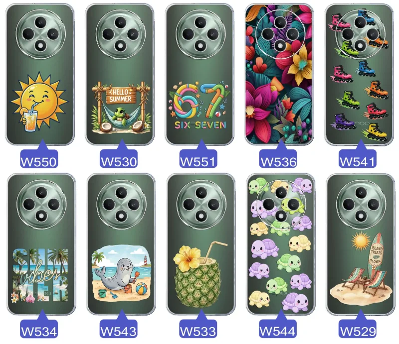 Kolekcja letnich wzorów etui do Oppo Reno 12 F 5G / 12 FS 5G z motywami słońca, żółwia, six seven, tropikalnych kwiatów, rolek, plaży i kokosa