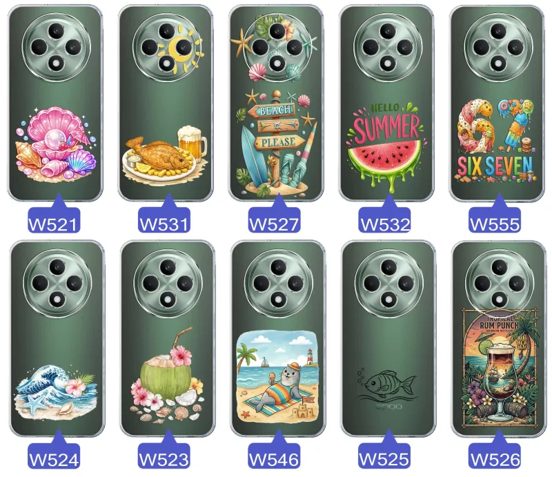 Różne wzory etui wakacyjnych do Oppo Reno 12 F 5G / 12 FS 5G z grafikami muszelek, ryby, plaży, arbuza, lodów, foki, kokosa i tropikalnego drinka
