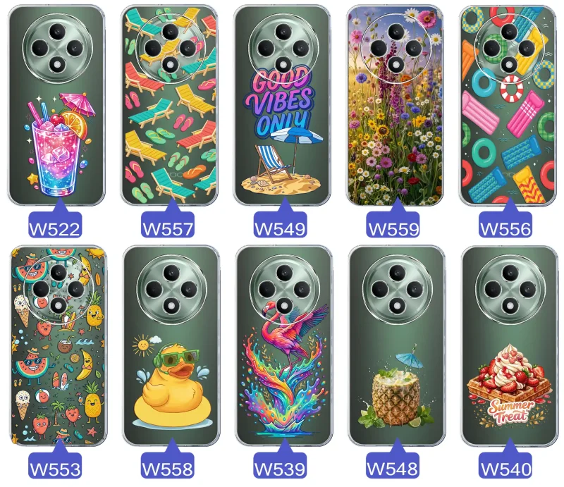 Zestaw przezroczystych etui do Oppo Reno 12 F 5G / 12 FS 5G z wakacyjnymi motywami drinka, leżaków, napisu good vibes, kwiatów, flaminga, ananasa i deseru