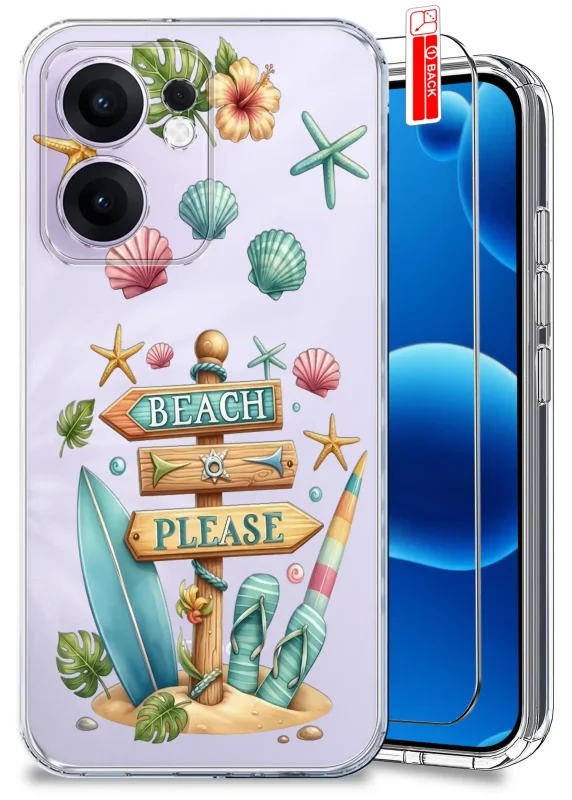 Przezroczyste etui wakacyjne do Oppo Reno 13 FS 5G / 13 F 5G z motywem plażowym BEACH PLEASE i szkłem hartowanym w zestawie