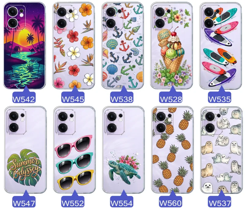 Kolekcja wakacyjnych wzorów etui do Oppo Reno 13 FS 5G / 13 F 5G: palmy, kwiaty, kotwice, lody, deski surfingowe, ananasy i foki