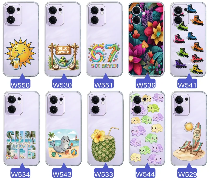 Kolekcja letnich wzorów etui do Oppo Reno 13 FS 5G / 13 F 5G z motywami słońca, żółwia, six seven, tropikalnych kwiatów, rolek, plaży i kokosa