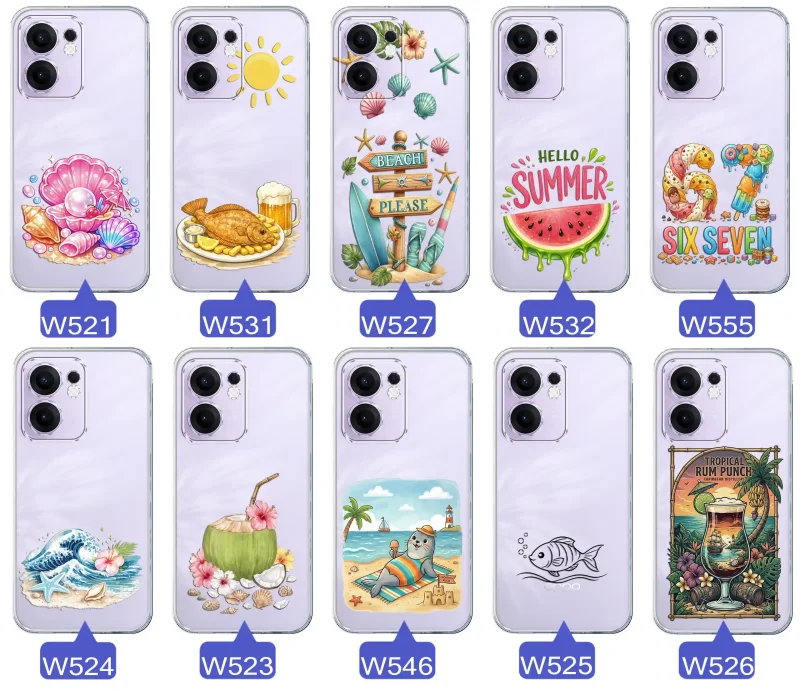 Różne wzory etui wakacyjnych do Oppo Reno 13 FS 5G / 13 F 5G z grafikami muszelek, ryby, plaży, arbuza, lodów, foki, kokosa i tropikalnego drinka