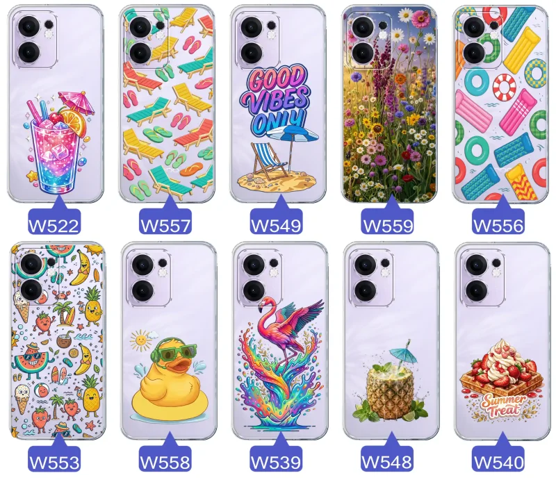 Zestaw przezroczystych etui do Oppo Reno 13 FS 5G / 13 F 5G z wakacyjnymi motywami drinka, leżaków, napisu good vibes, kwiatów, flaminga, ananasa i deseru