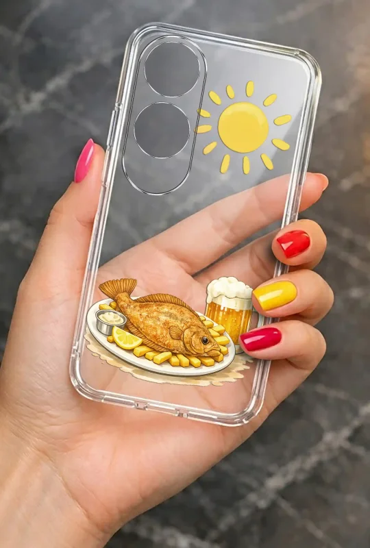Przezroczyste etui letnie do Oppo A60 z nadrukiem ryby, frytek i słońca, prezentowane w dłoni