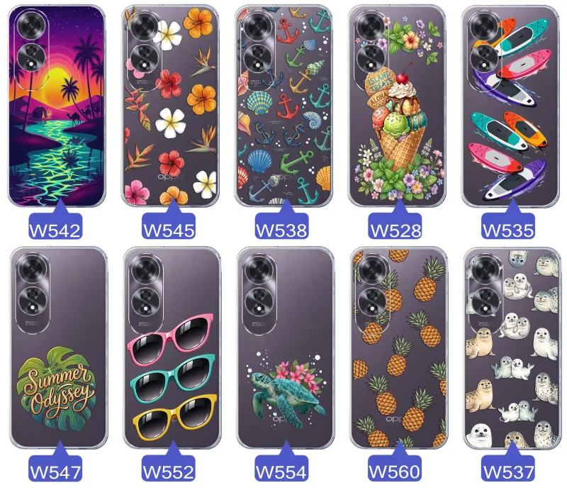 Kolekcja wakacyjnych wzorów etui do Oppo A60 4G: palmy, kwiaty, kotwice, lody, deski surfingowe, ananasy i foki