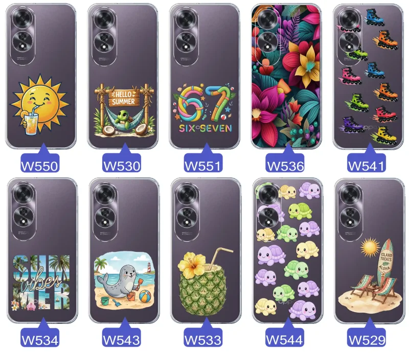 Kolekcja letnich wzorów etui do Oppo A60 4G z motywami słońca, żółwia, six seven, tropikalnych kwiatów, rolek, plaży i kokosa